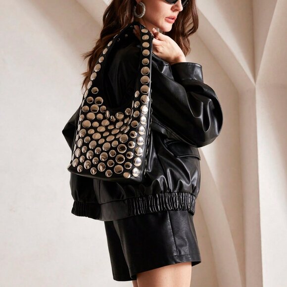 Women's Metal Stud contemporary black Bucket Bag - Picture 5 of 9